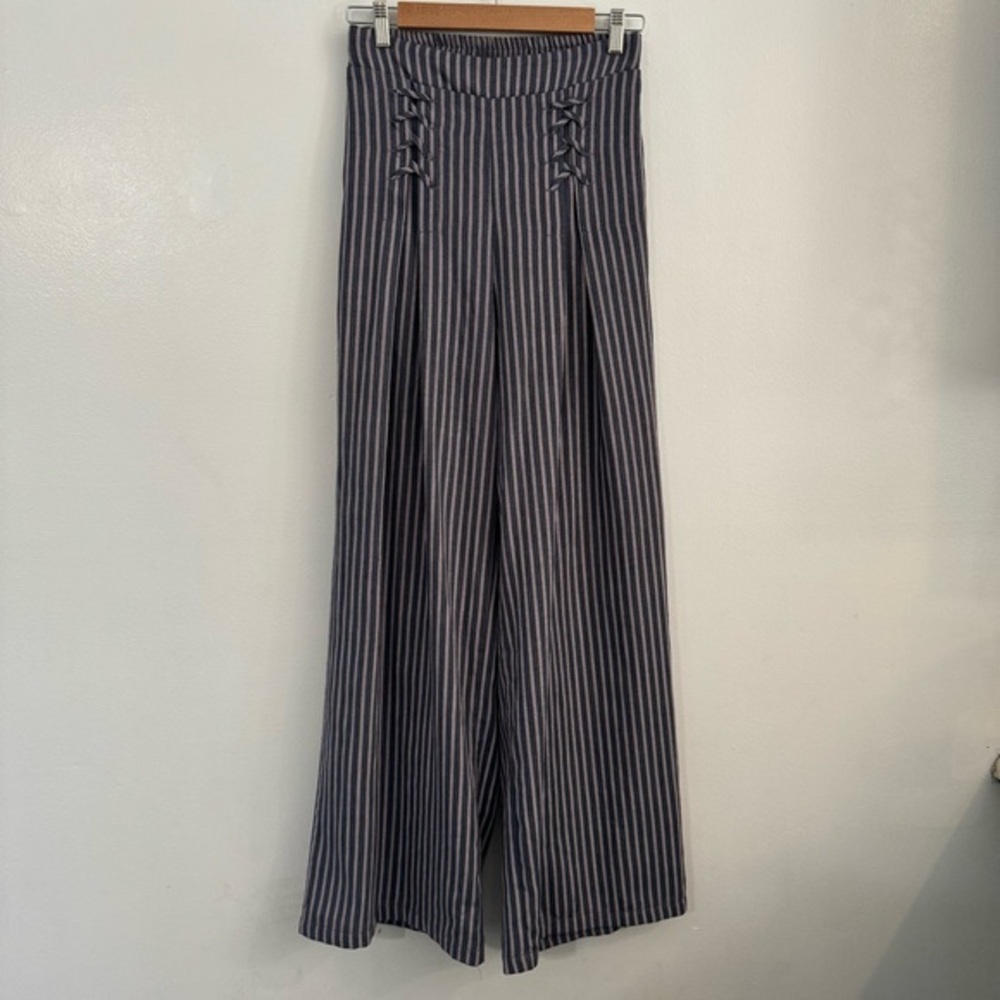Suzanne Betro Wide Leg Cotton High‎ Waisted Corset Cinched Flowy Striped Pants